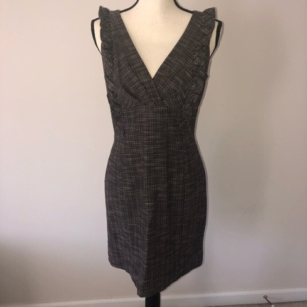 Cynthia Steffe Brown Deep V Ruffle Dress Size 6 Leather Trim Zipper Sleeveless - Picture 7 of 8